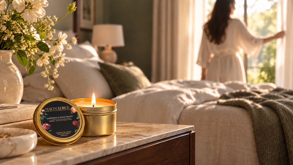 Mae & George candle in a warm, sunlit bedroom