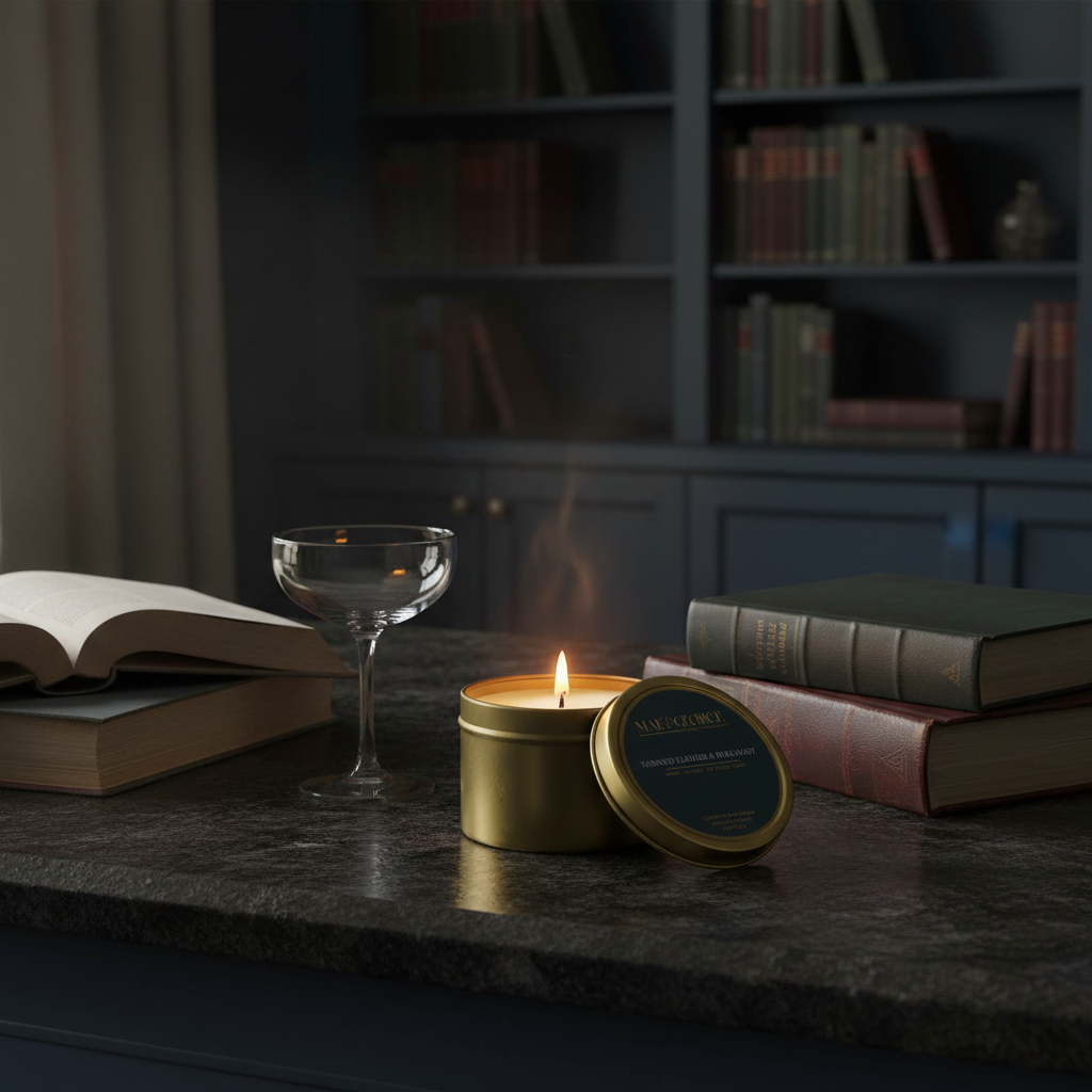 Candle in a tin with a lit flame on a dark surface with books and a glass in the background