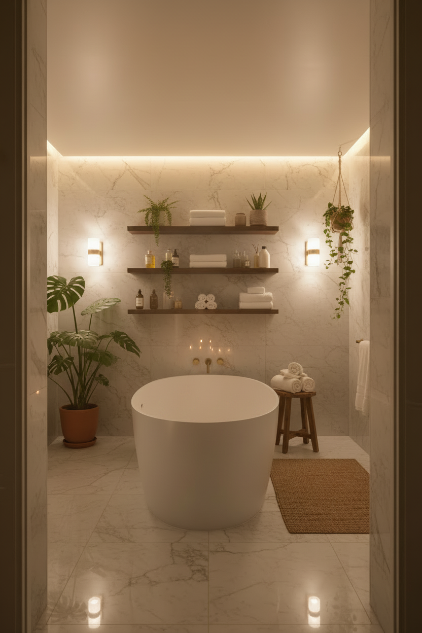 Doorway view of luxury at home bathroom