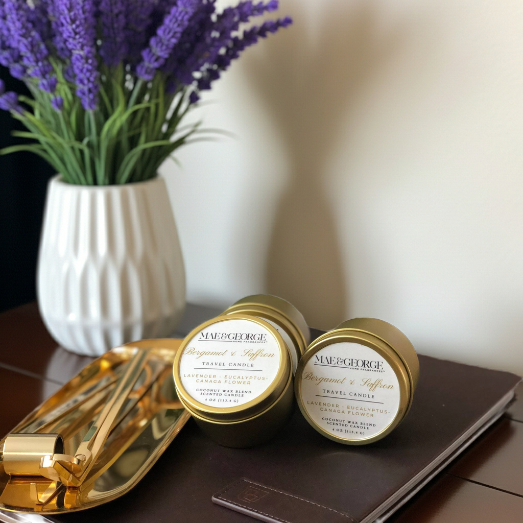 Two gold tins of Bergamot & Saffron candles on a surface next to a vase of lavender.
