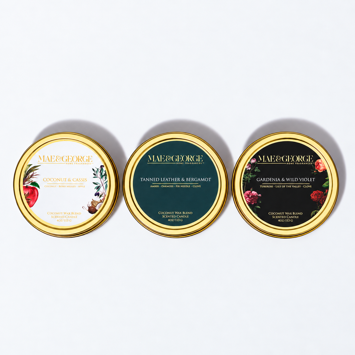 Three Mae & George travel candles in the Candle Discovery Set.